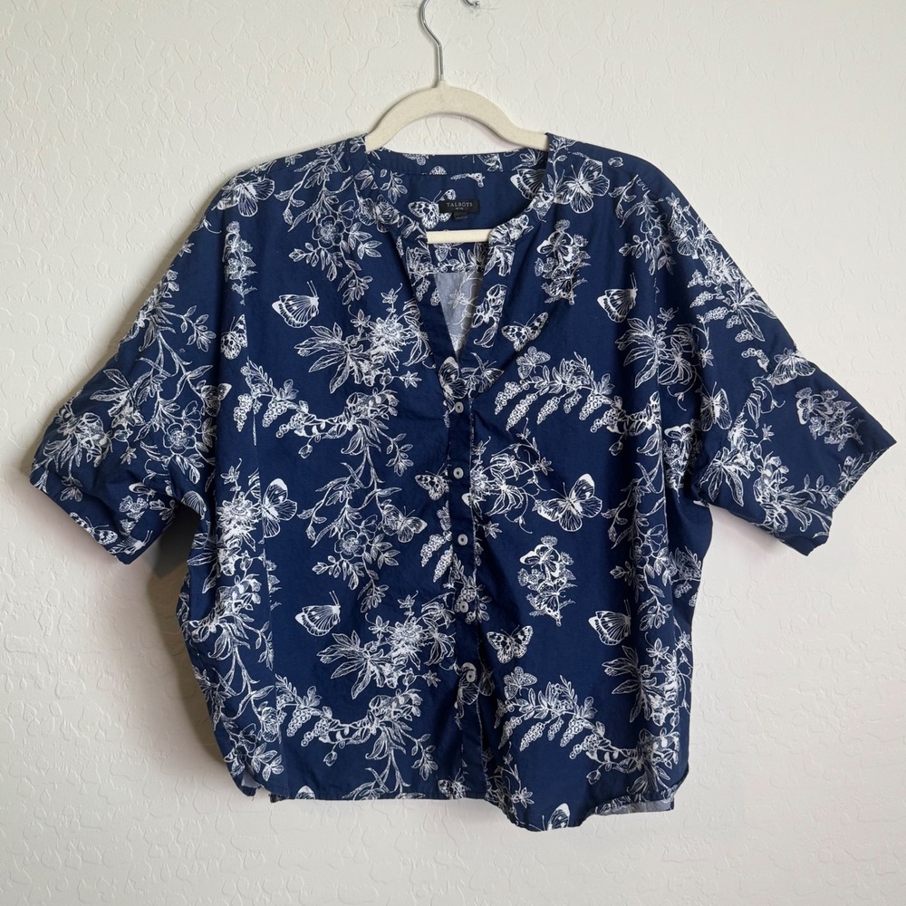 Talbots Navy Blue Butterfly Floral‎ Cotton Boxy Button Front Top LP Botanical